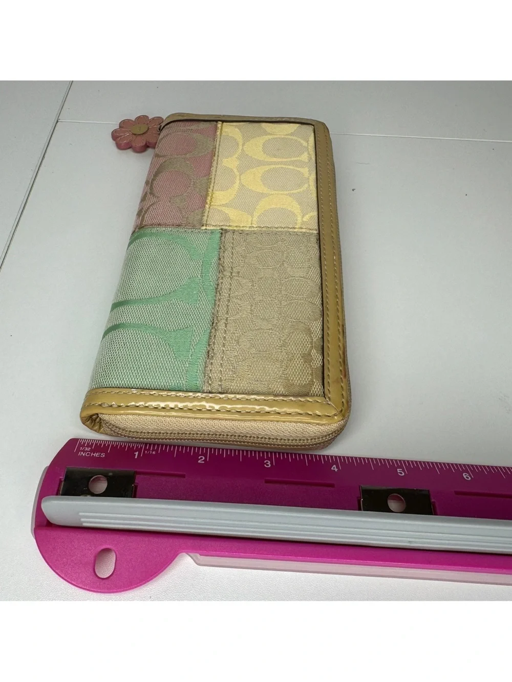 Coach Patchwork Signature Zip Wallet in Pink, Green, Yellow and Tan